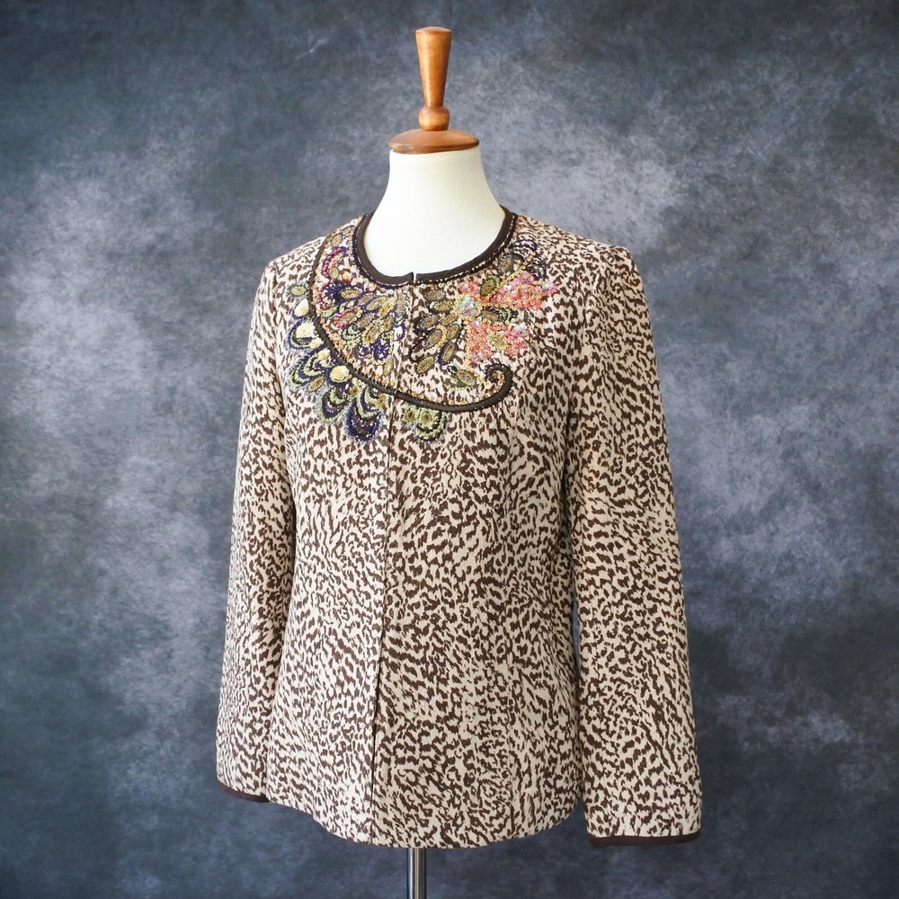 Chico's Faux Suede Leopard Print Embroidered Jacket Size 0 US XS